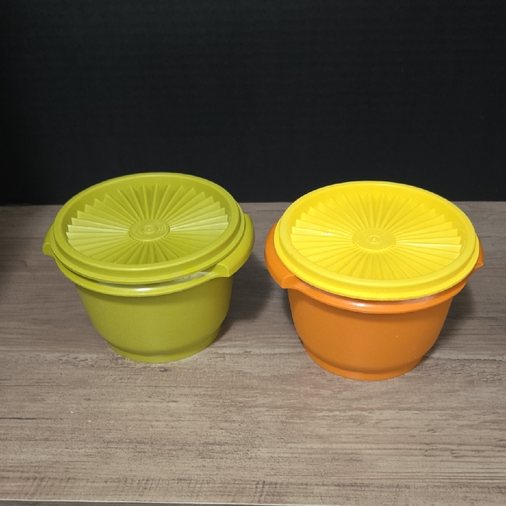 Vintage Tupperware Set of Two Green and Orange Storage Servalier 886 &812